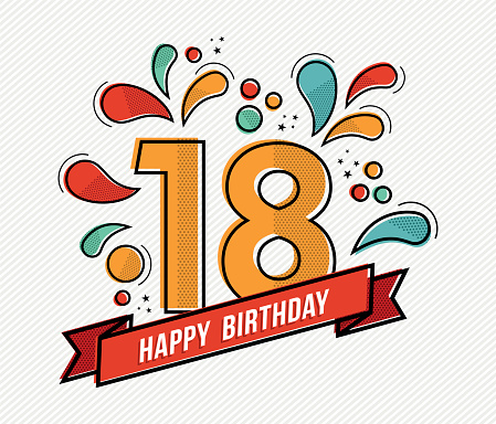 Colorful happy birthday number 18 flat line design