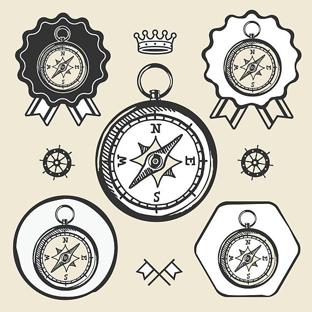 ilustraciones, imágenes clip art, dibujos animados e iconos de stock de brújula vintage ubicación plana web icono de señal símbolo etiqueta de logotipo - nautical vessel compass map retro revival