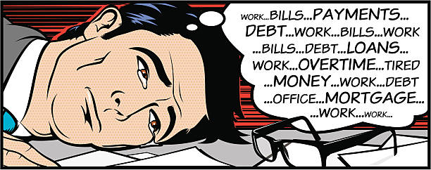 Work Related Stress Pop art of a stressed out man crying, resting his head on his desk and thinking about work. money cry stock illustrations