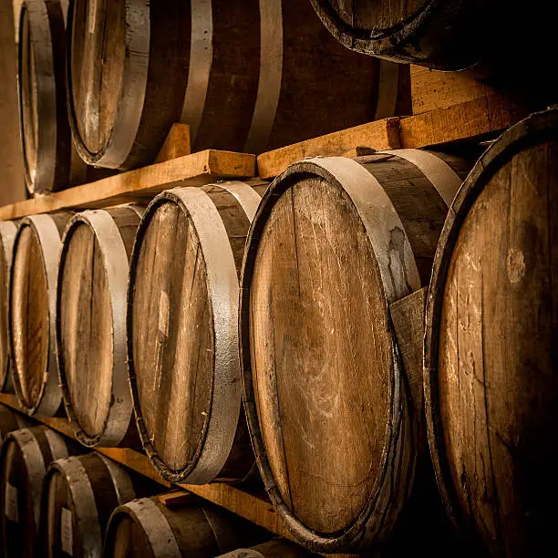 Wine barrels stacked in the old cellar of the winery.