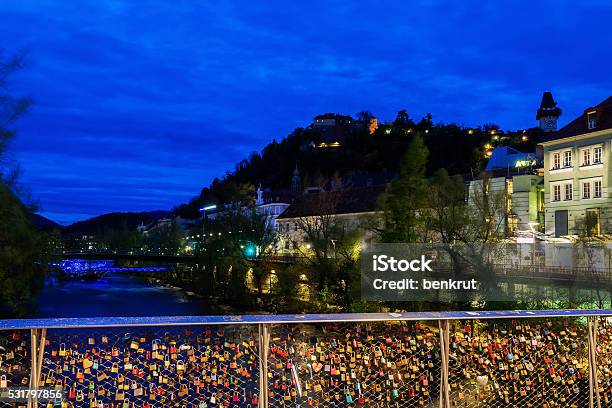 Castle Hill And Mur River Stock Photo - Download Image Now - Architecture, Austria, Blue