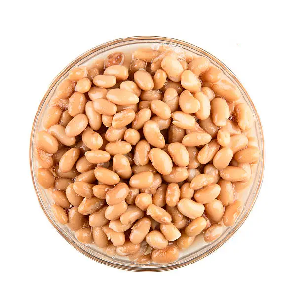 Bowl of pinto beans isolated on white background and viewed from directly above