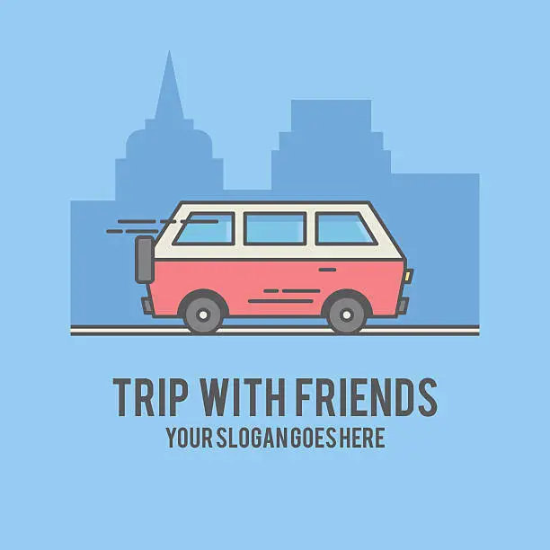 Vector illustration of hipsters van. travel and vacation with friends. City silhouette background.