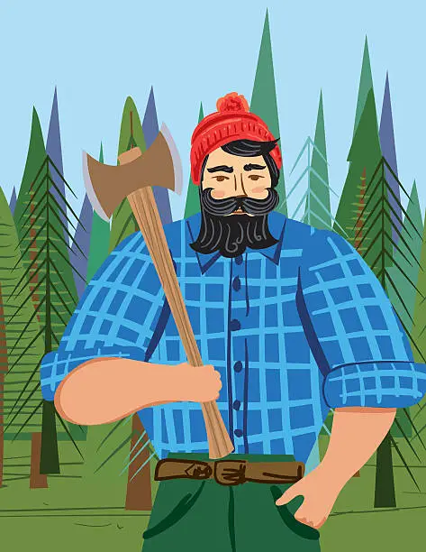 Vector illustration of Paul Bunyan Style Lumberjack In the Woods With An Axe