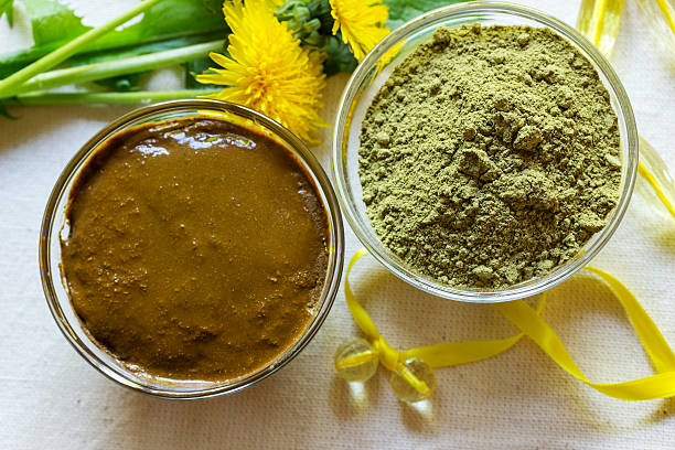 Henna powder. Henna paste. Prepare henna paste. Henna powder. Henna paste. Prepare the henna paste at home. Still life with henna and dandelions. Focus on the powder. henna stock pictures, royalty-free photos & images