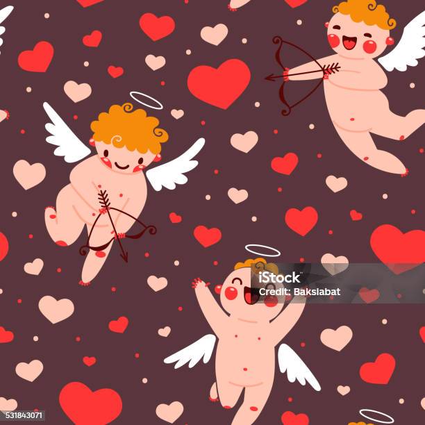 Valentines Day Romantic Seamless Pattern With Cute Cupid And Hearts Stock Illustration - Download Image Now