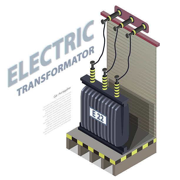 ilustraciones, imágenes clip art, dibujos animados e iconos de stock de eléctrica transformador isométrica del edificio información gráfico. estación de alimentación de alta tensión. - isometric power line electricity electricity pylon