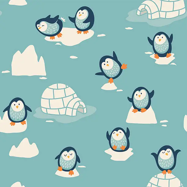 Vector illustration of Seamless pattern with little cute penguins