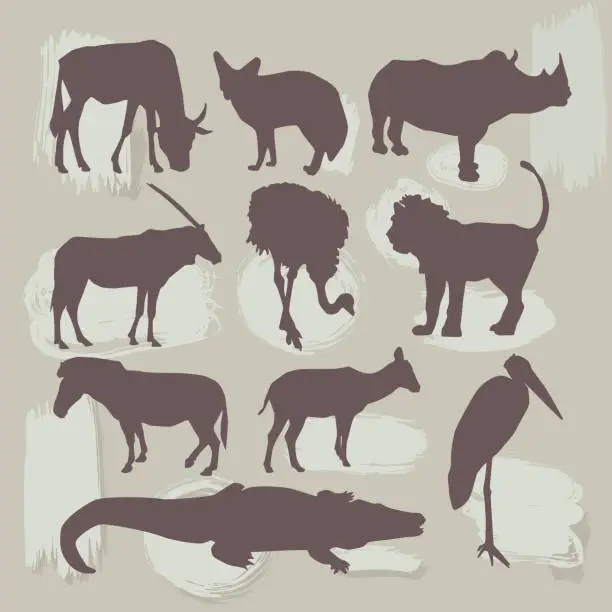 Vector illustration of Set of African animals. Silhouette. vector