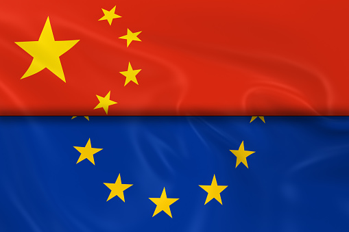 Flags of China and the European Union Split in Half - 3D Render of the Chinese Flag and EU Flag with Silky Texture