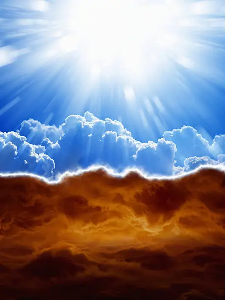 Religious background - blue sky with bright sun, dark red clouds, heaven and hell