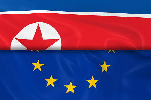 Flags of North Korea and the European Union Split in Half - 3D Render of the North Korean Flag and EU Flag with Silky Texture