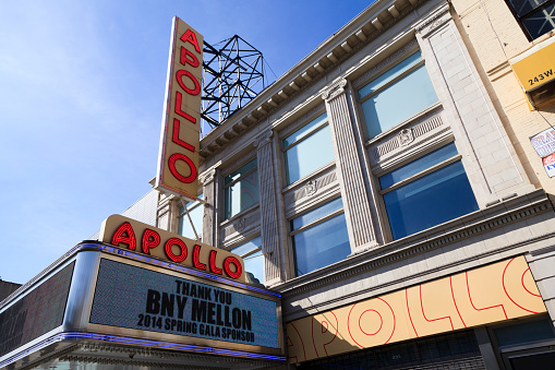 New York, NY, USA - June 15, 2014: Apollo theatre: The Apollo Theater at 253 West 125th Street between Adam Clayton Powell Jr. Boulevard  and Frederick Douglass Boulevard in the Harlem neighborhood of Manhattan, New York City is a music hall which is a noted venue for African-American performers.