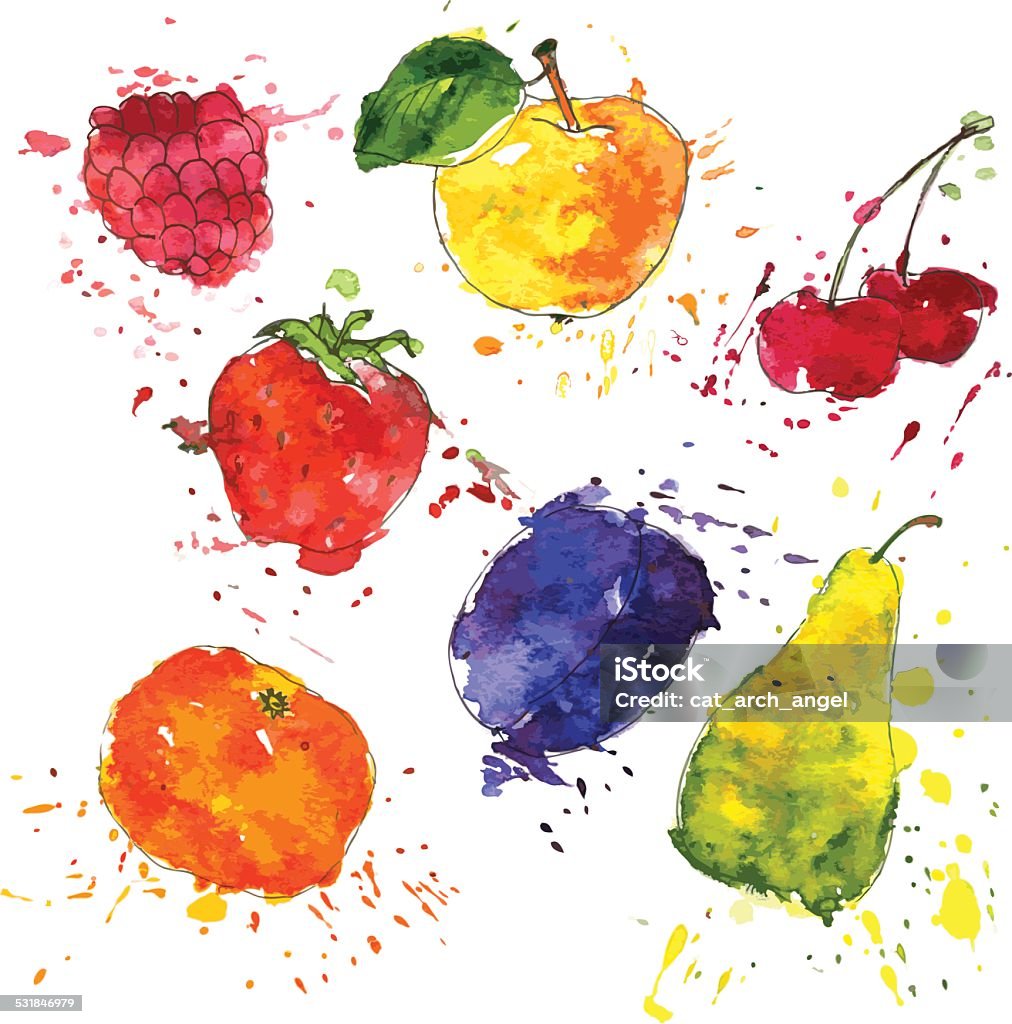 set of fruits and berries drawing by watercolor - Royaltyfri Vattenfärger vektorgrafik