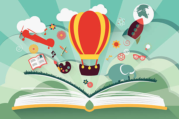 Imagination concept - open book with air balloon Imagination concept - open book with air balloon, rocket and airplane flying out rocketship patterns stock illustrations