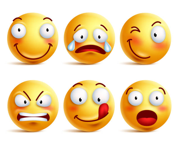 ilustraciones, imágenes clip art, dibujos animados e iconos de stock de conjunto de cara sonriente iconos o amarillo emoticonos con expresiones - behavior color image characters shiny