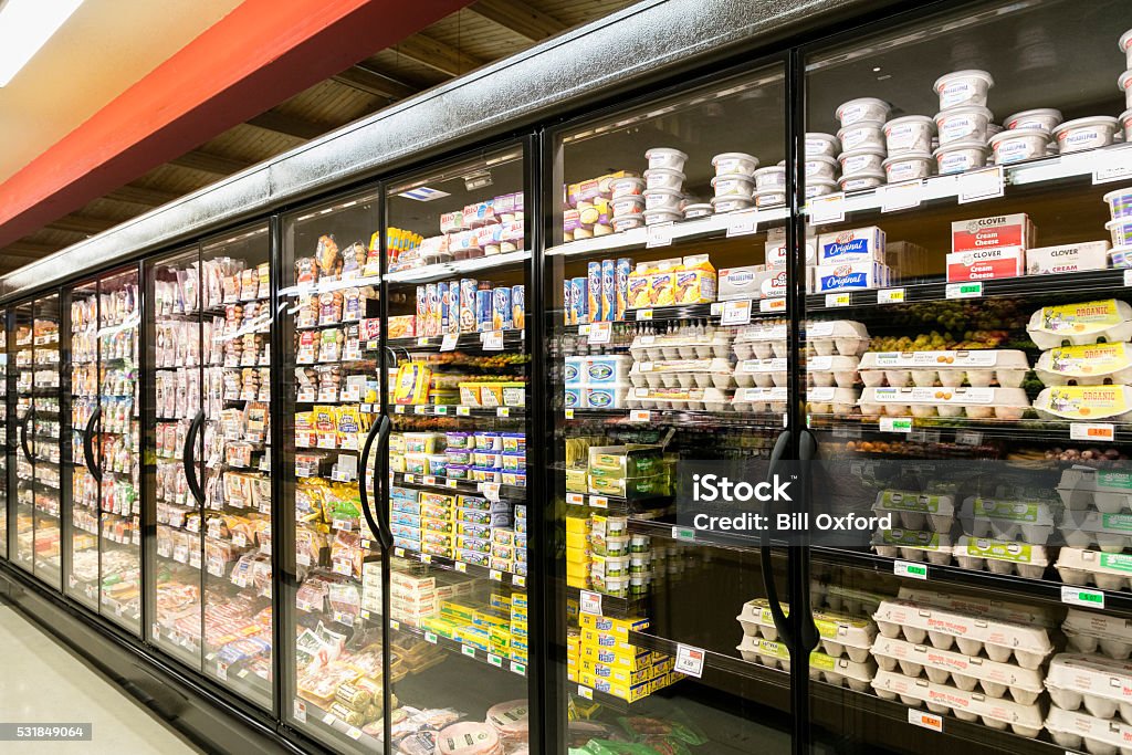 Grocery Store grocery store wide angle of refrigeration display Supermarket Stock Photo