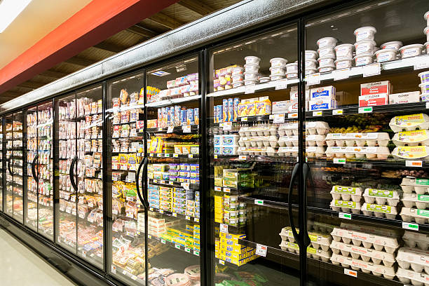 Grocery Store grocery store wide angle of refrigeration display display cabinet photos stock pictures, royalty-free photos & images