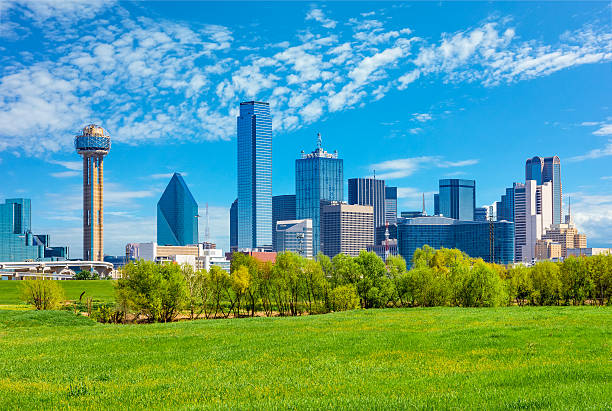 Dallas skyline cityscape with spring foliage,TX Spring foliage fills the foreground leading back to the skycrapers of Dallas skyline with clouds above, Texas reunion tower photos stock pictures, royalty-free photos & images
