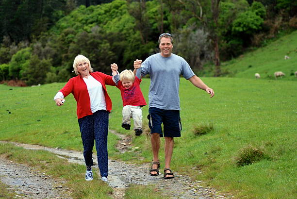 family of four hiking
