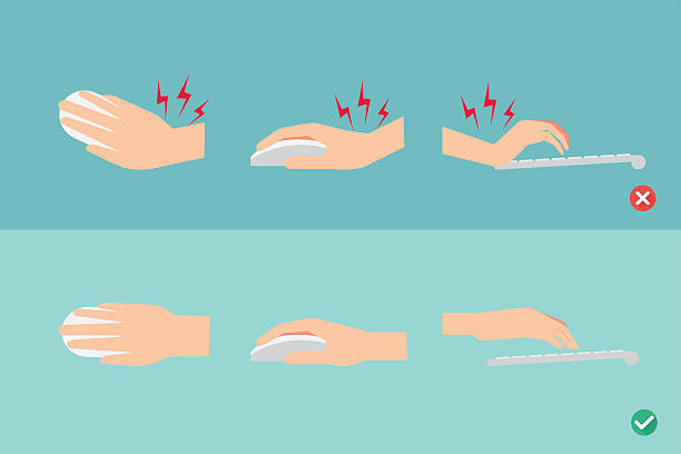 wrong and right ways for hand position wrong and right ways for hand position in use keyboard and mouse illustration, vector typing on computer keyboard stock illustrations