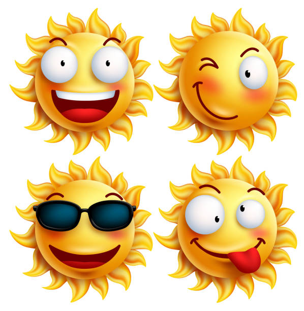 ilustraciones, imágenes clip art, dibujos animados e iconos de stock de gracioso sol carácter con expresiones faciales de verano brillante para - behavior color image characters shiny