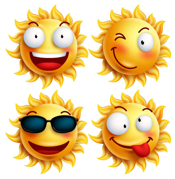 太陽のキャラクター、面白いエクスプレッションズ光沢のあるフェイシャルで、夏をご満喫 - behavior color image characters shiny点のイラスト素材／クリップアート素材／マンガ素材／アイコン素材