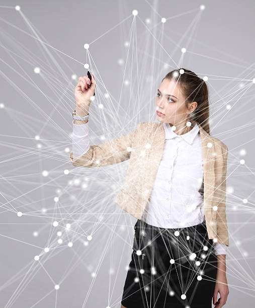 istock Worldwide network or wireless internet connection futuristic concept. Woman working 531855200
