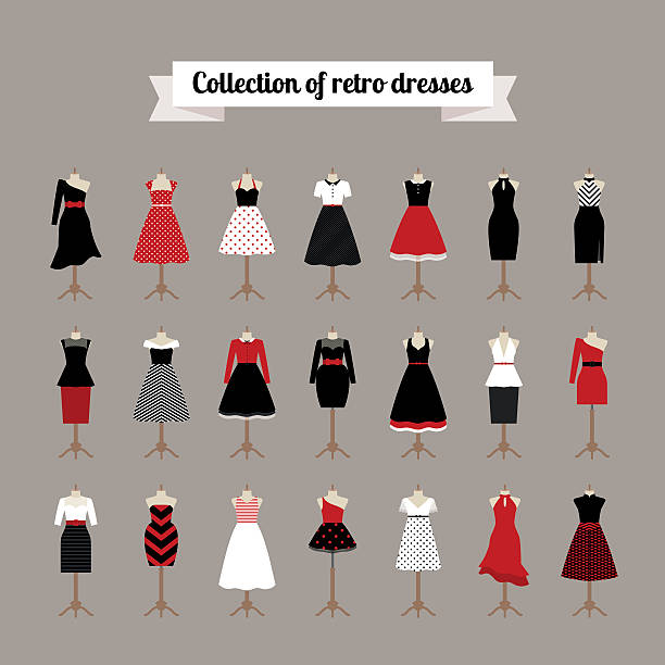 ilustraciones, imágenes clip art, dibujos animados e iconos de stock de retro mujer vestidos - vintage attire