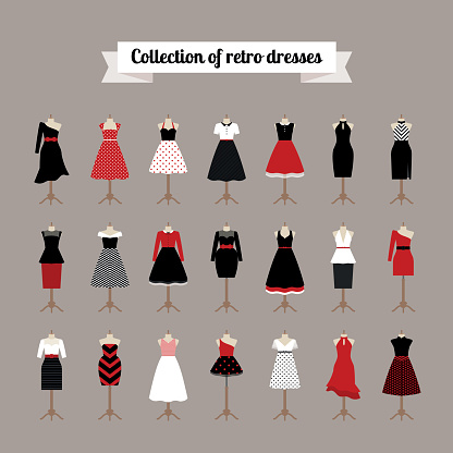 Retro woman dresses. Vector pinup dresses with polka dots pattern