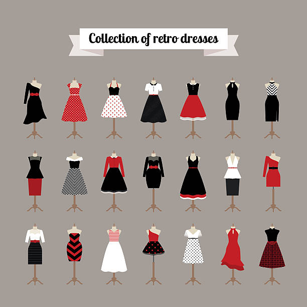 Retro woman dresses Retro woman dresses. Vector pinup dresses with polka dots pattern dress illustrations stock illustrations