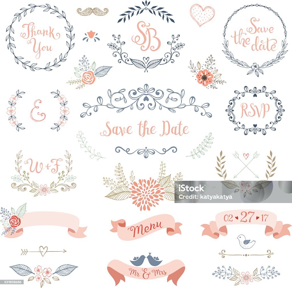 Rustic Wedding Design Set Rustic hand sketched wedding elements set. Floral doodles, leaves, branches, flowers, birds, laurels, banners and frames. Good for Save the Date cards and invitations, Wedding invitations, Thank You cards and RSVP cards. Vector illustration. Wedding stock vector