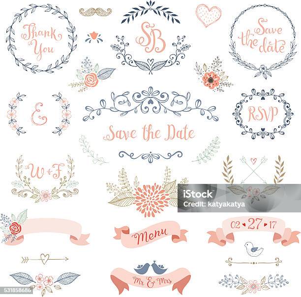 Rustic Wedding Design Set Stock Illustration - Download Image Now - Wedding, Wedding Invitation, Flower