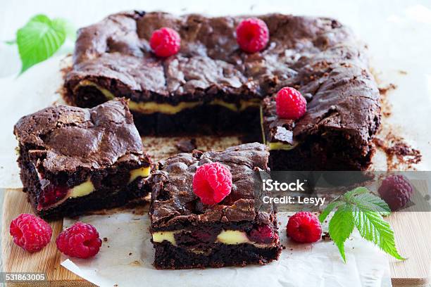 Chocolate Brownie With Raspberries And Mascarpone Stock Photo - Download Image Now - 2015, Baked, Bakery