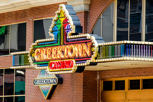 Detroit, MI, USA - July 16 2006:Illuminated sign outside the Greektown Casino hotel in Detroit's  historic district.