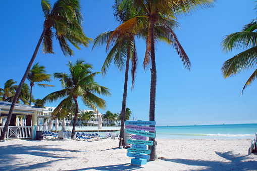 Key West, United States - February 6, 2016: Sunny South Beach of Key West in the Florida Keys near Atlantic Ocean.