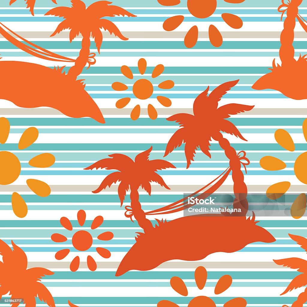 Seamless pattern with coconut palm trees, hammock, sun Colorful exotic summer seamless pattern with silhouettes tropical coconut palm trees, island, hammock, sun, striped background - vector artwork Hammock stock vector