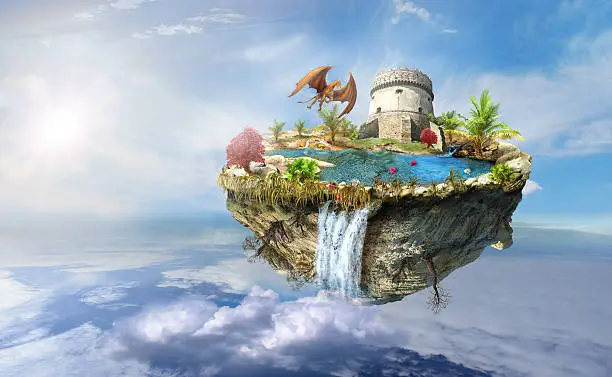 island with a dragon and tower castle, a waterfall on the from above flipped mountain is flying in space