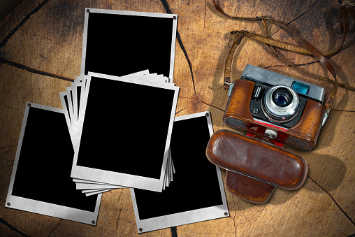 Old and vintage camera with leather case and many empty instant photo frames on a wooden tree trunk