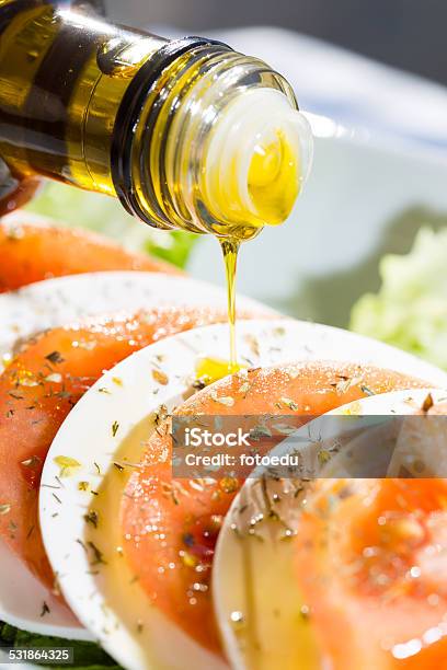 Tomato Salad With Cheese Stock Photo - Download Image Now - 2015, Appetizer, Basil