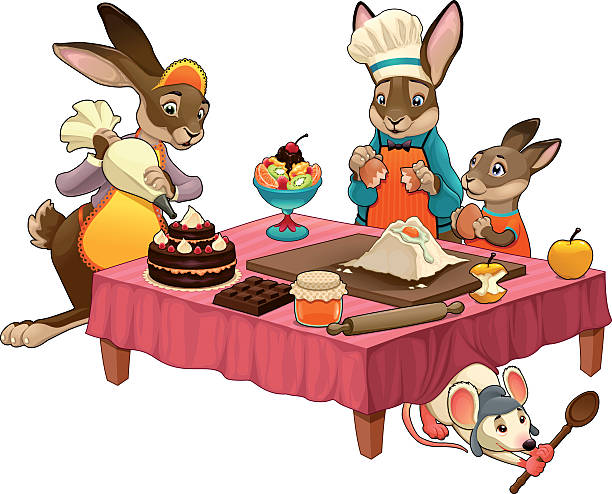 ilustraciones, imágenes clip art, dibujos animados e iconos de stock de divertidos conejos la escena de la cocina a la vista con dulces - cake birthday domestic kitchen child