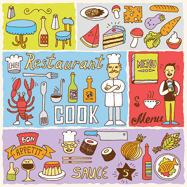 restaurant bunten doodle banner 2. hand drawn. vektor-illustration. - back seat illustrations stock-grafiken, -clipart, -cartoons und -symbole