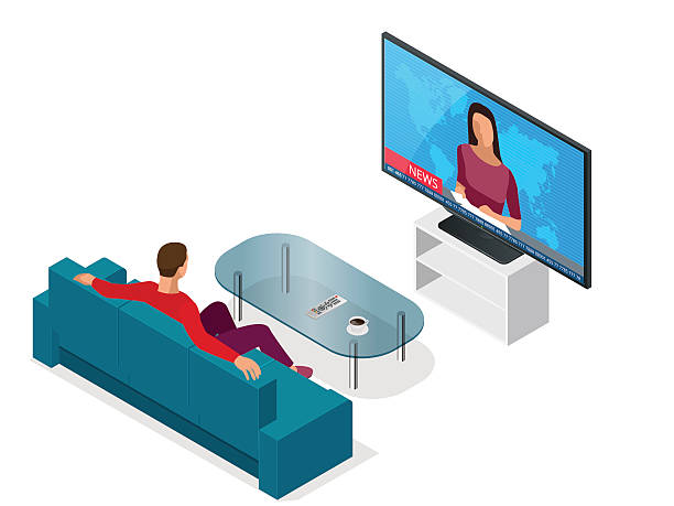 mann sitzen auf der couch vor dem fernseher - flat screen stock-grafiken, -clipart, -cartoons und -symbole