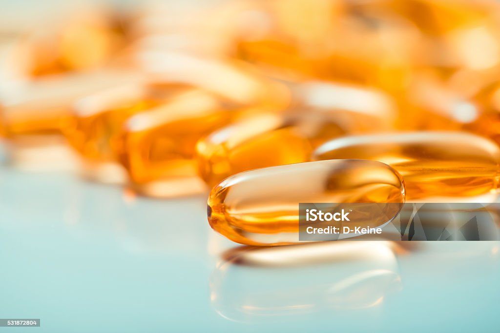 Capsules Fish oil capsules. Medical supplement. Vitamin Stock Photo