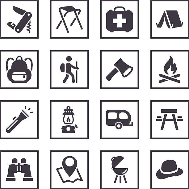 Camping Symbols Vector File of Camping Symbols related vector icons for your design or application. Raw style. Files included: vector EPS, JPG, PNG. See more in this series. film trailer music stock illustrations