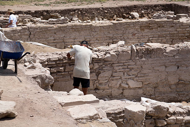 Historical Ruins Unearthed Archaeology Site. Urban Archaeological Excavation Showing Old Brick Wall Structure And Stratified Earth In Historical Research Project.