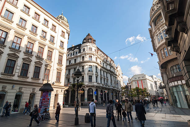 Knez Mihailova Street in Belgrade Belgrade, Serbia - October 16, 2011: Knez Mihailova Street is the main pedestrian and shopping zone in Belgrade, and is protected by law as one of the oldest and most valuable landmarks of the city. Many locals and tourist walk in this street every day. Knez Mihailova street is full of shops and restaurants. knez mihailova stock pictures, royalty-free photos & images