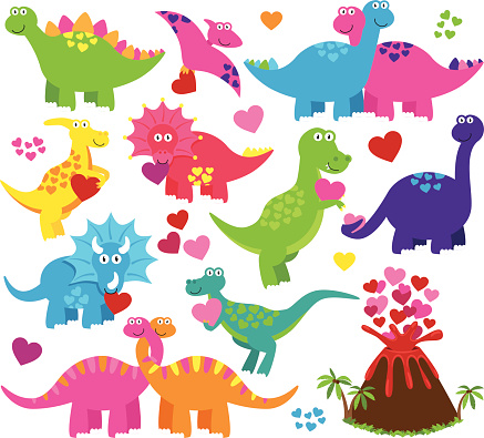 Vector Set of Valentine's Day or Love Themed Dinosaurs. No transparencies or gradients used. Large JPG included. Each element is individually grouped for easy editing.