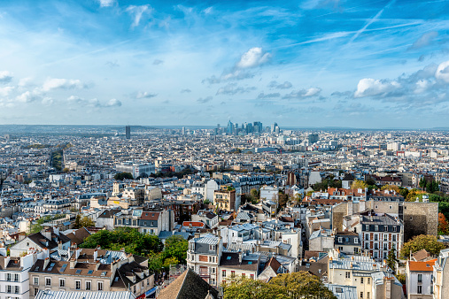 General panoramic view of modern Nantes cityscape on summer day, France