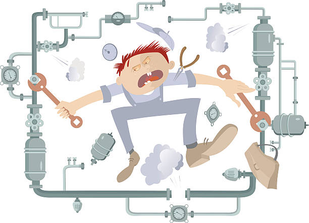 Mechanic Illustration Comic mechanic hardly tightens the bolt and repairs pipe construction natural gas pipeline clip art stock illustrations